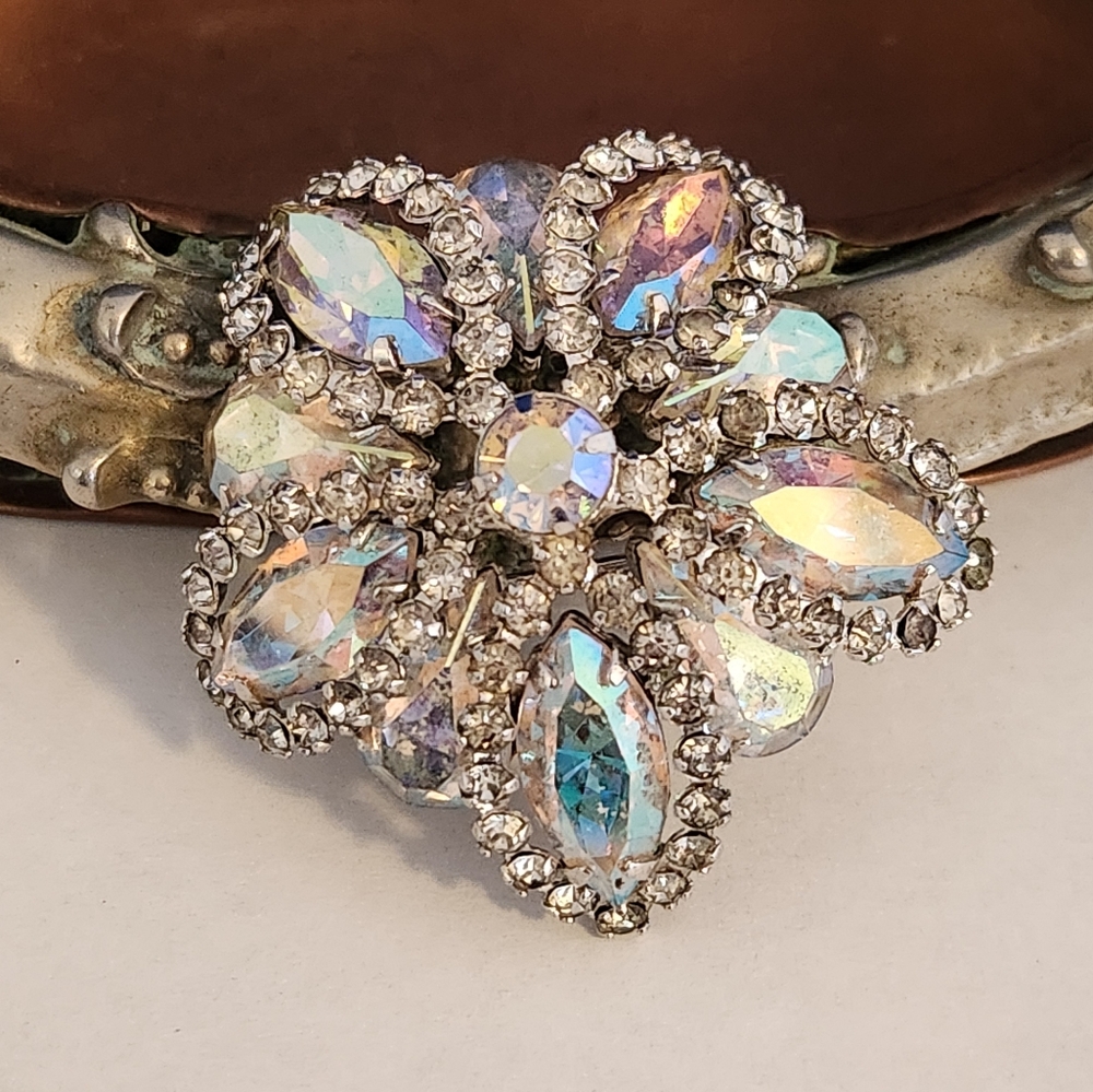 Vintage Albert Weiss Silver and AB Floral Brooch